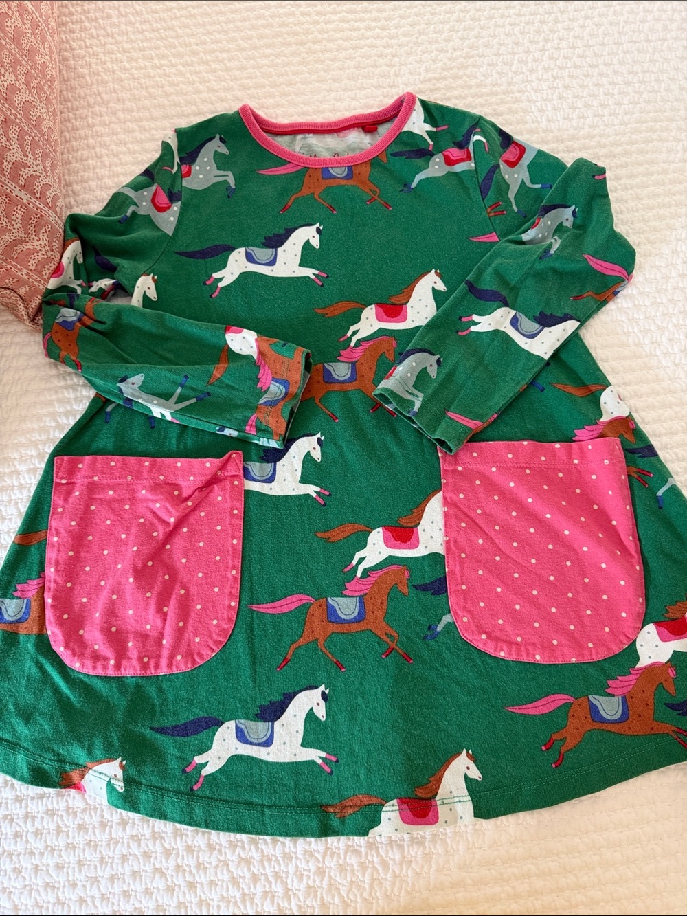 Girls Green Horse-Print Long Sleeve Pajama Top with Pink Pockets
